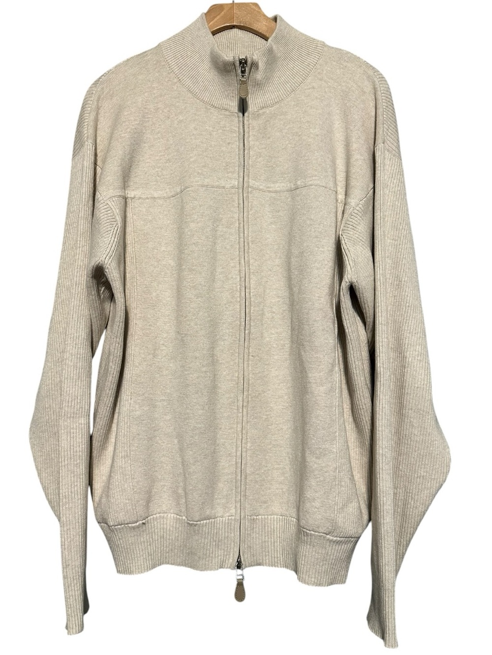 Norm Thompson Vintage L Heathered Oatmeal Cotton Rib Double Zip Sweater Cardigan